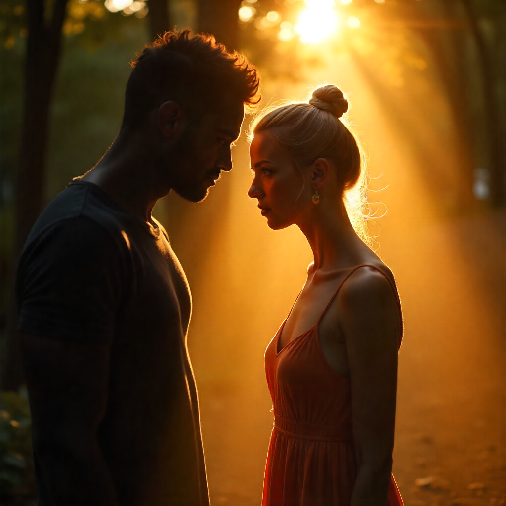 Escaping from Manipulators Grip, A shadowy figure trying to control someone while they step into sunlight.”