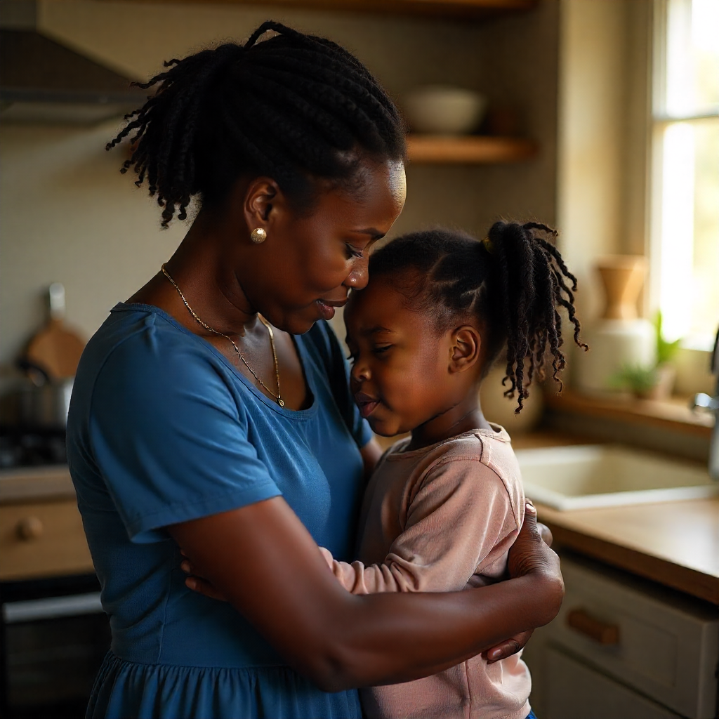 Effective Parenting Tips for Troubled Children where A mother gently hugging her sad child in a cozy home environment, soft warm lighting, emotional bond, comforting atmosphere.