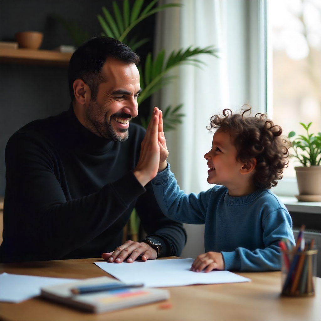 Effective Parenting Tips for Troubled Children where A father gently hugging her sad child in a cozy home environment, soft warm lighting, emotional bond, comforting atmosphere.