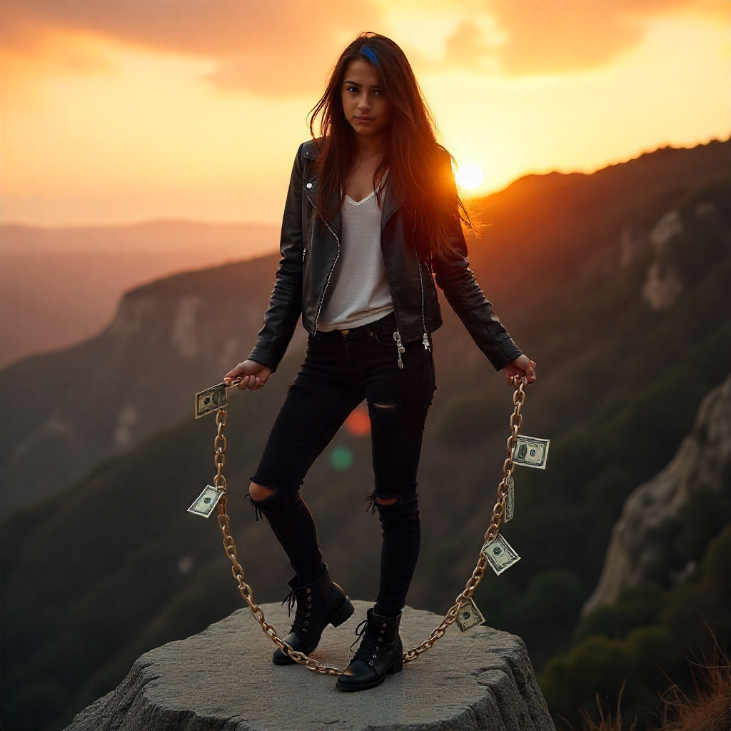 A person standing on a cliff, breaking free from chains made of dollar bills, sunrise in the background symbolizing freedom from money anxiety. This picture showing how money is controlling my mind