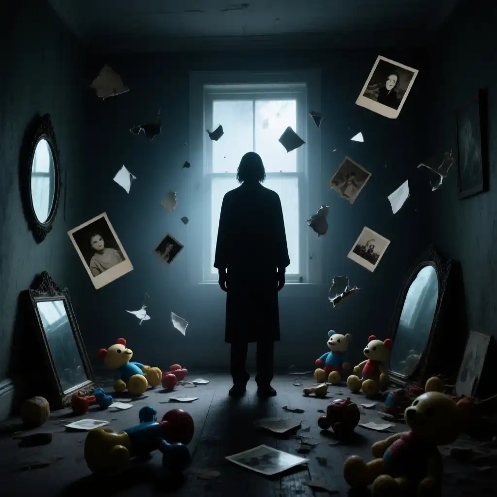 Dark shadow of childhood trauma. A girl standing in the between the room.