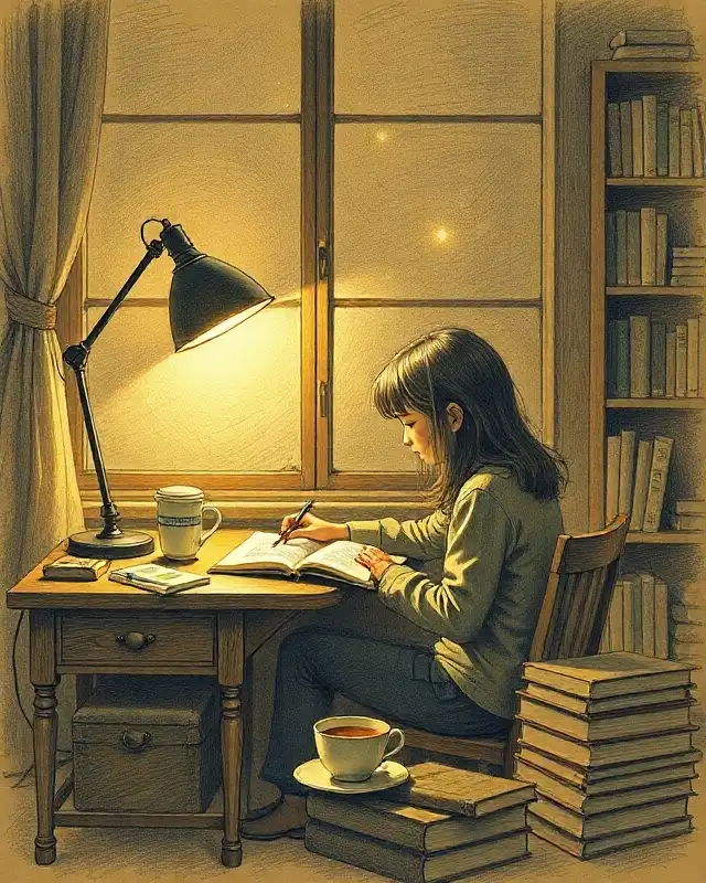 Picture of a girl studing before sleep
